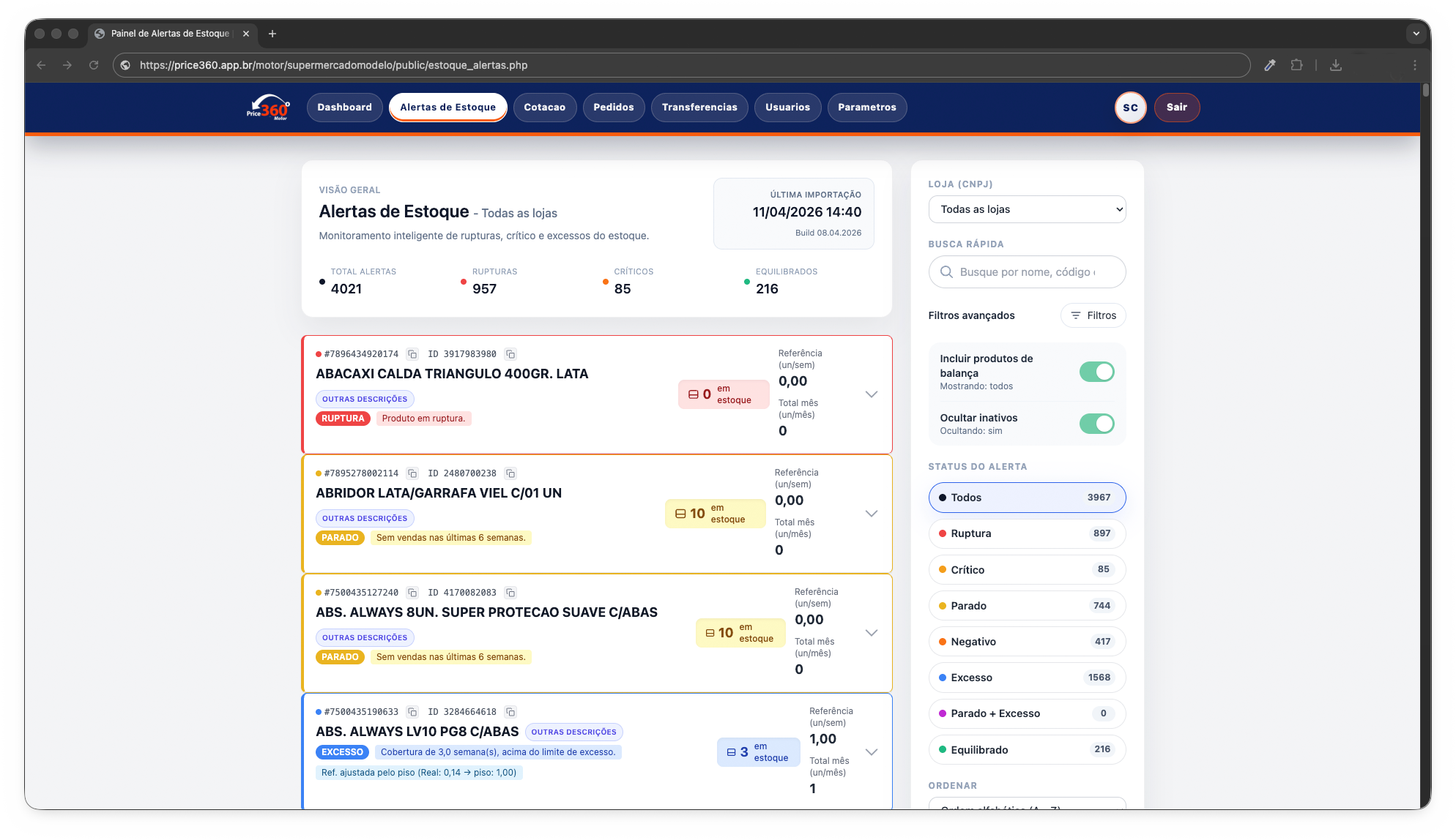 Tela de alertas de estoque do Price360 com produtos em ruptura, filtros e status de alertas